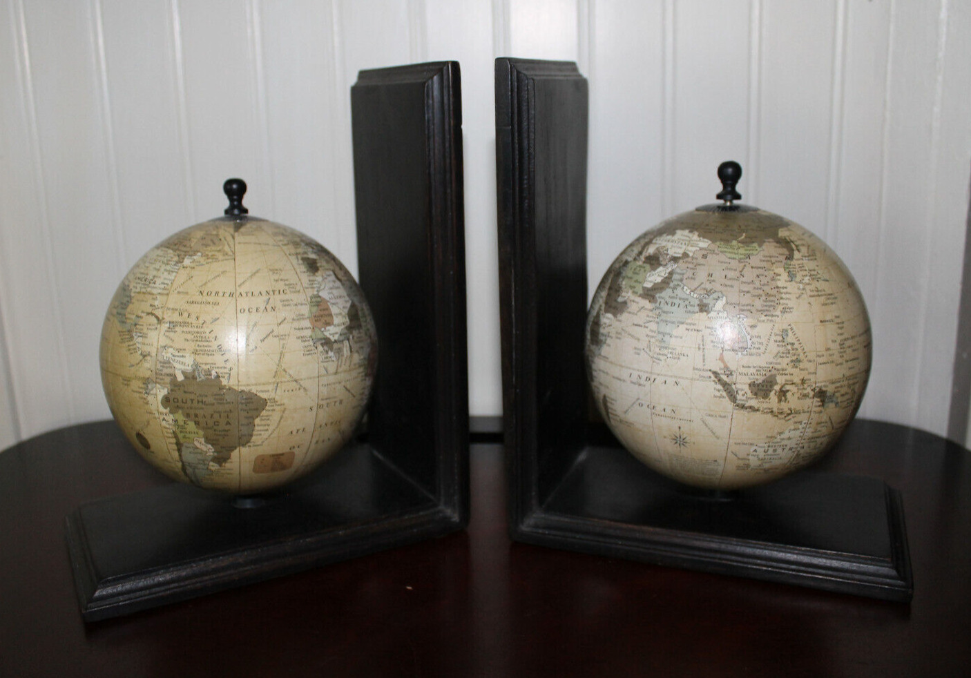 Pier One Spinning Globe Book Ends Wooden Set of 2 -  6 x 8 inches Home Decor
