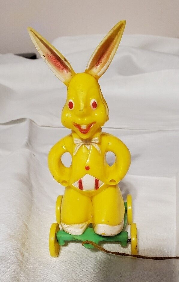 Rare vintage Rosbro plastic pull Easter rabbit