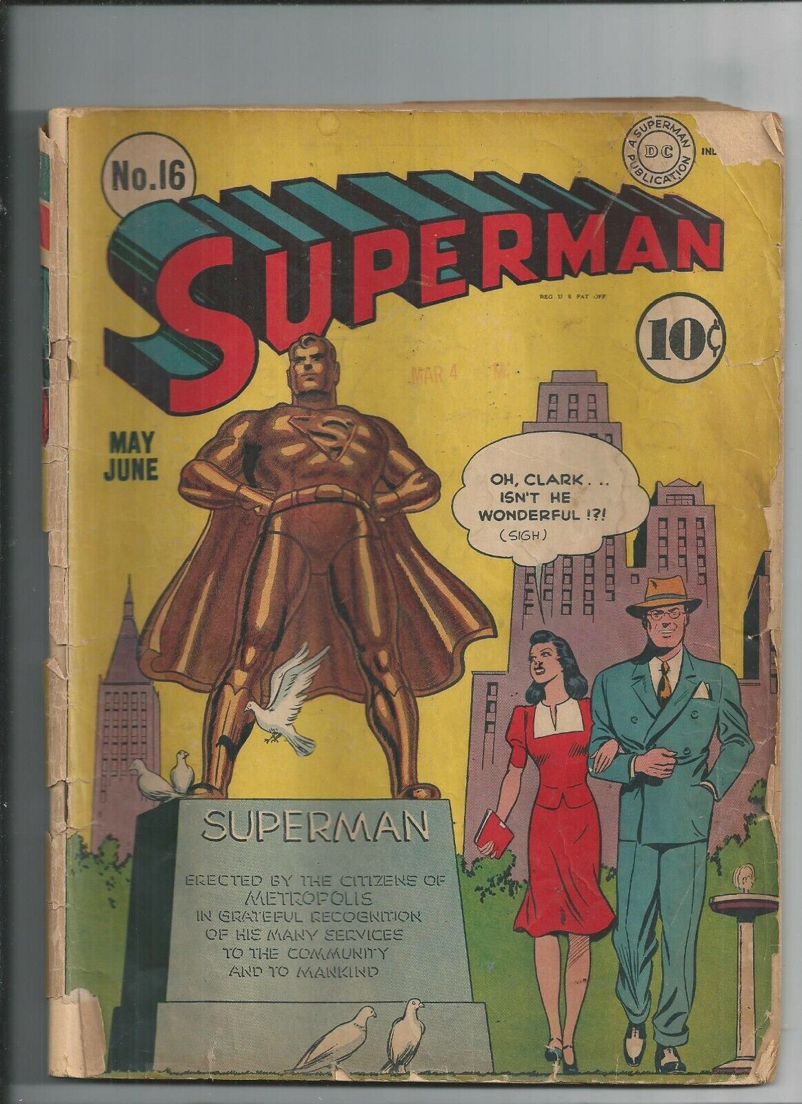DC Superman #16 Nice Unrestored Golden Age  1942 CLARK KENT LOIS LANE  GD-VG