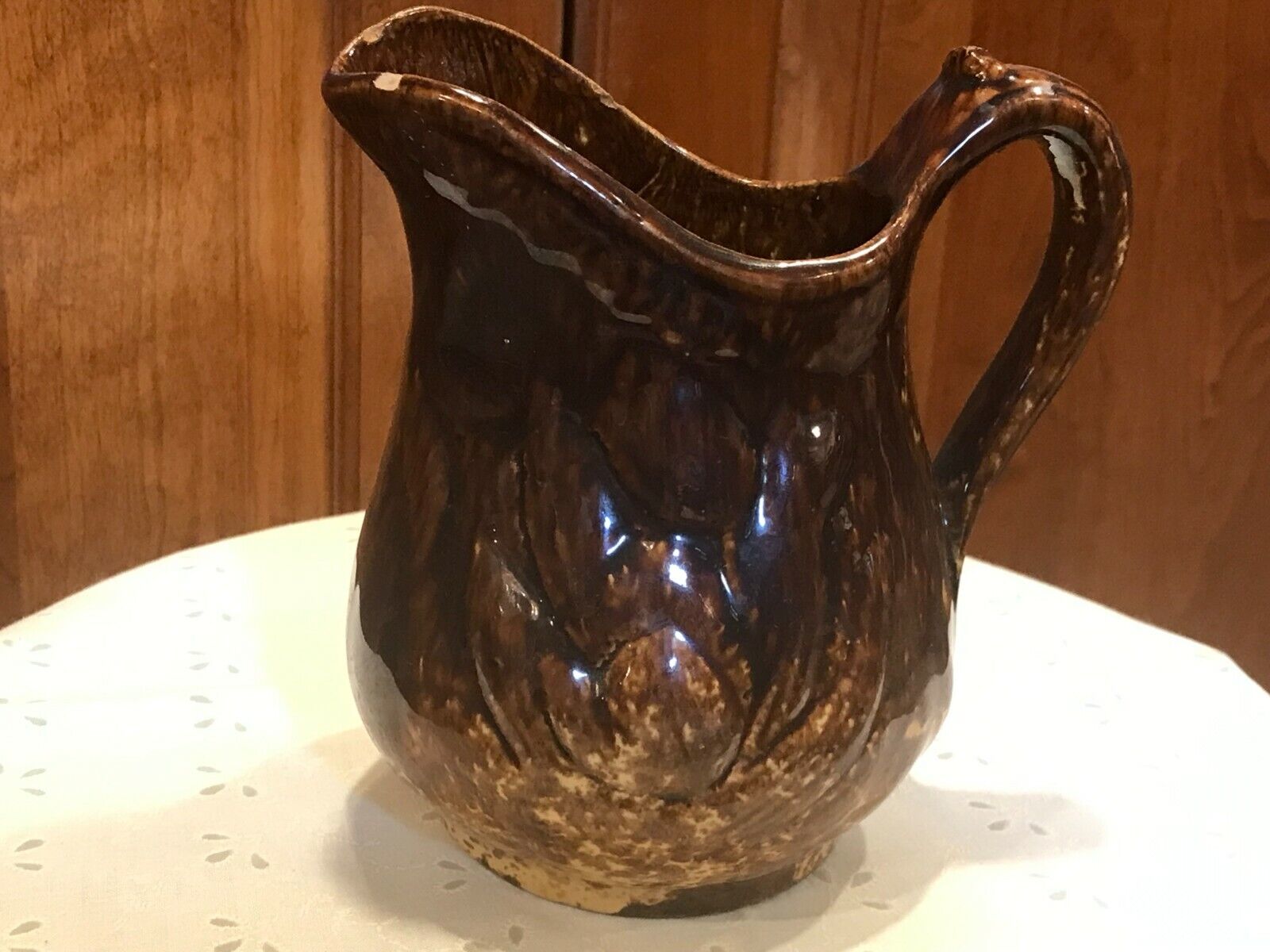 Vintage Pottery Pitcher Embossed Design Drip Spatter Brown Glaze 6\