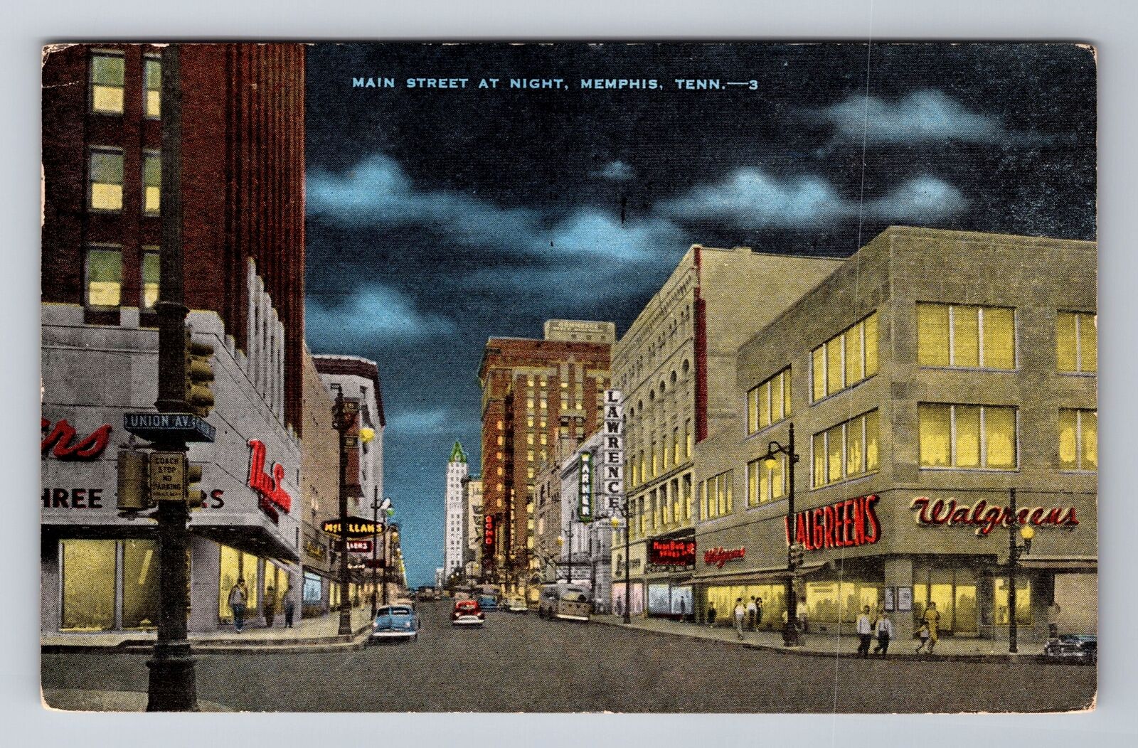 Memphis TN-Tennessee, Main Street At Night, Walgreens, Vintage c1952 Postcard