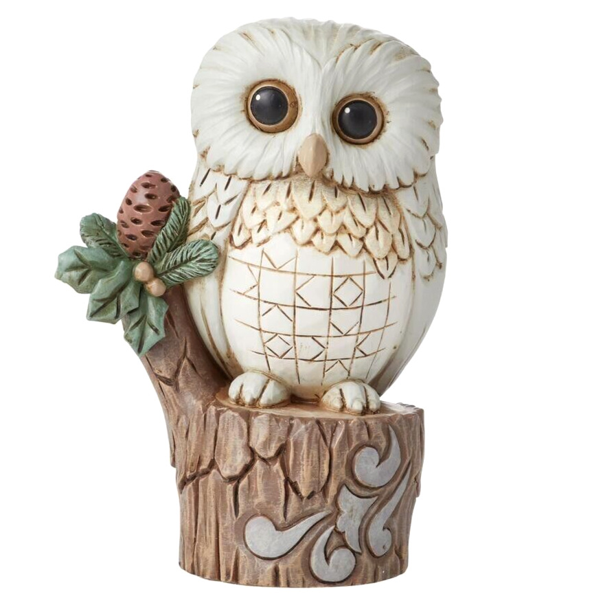 ✿ New JIM SHORE Figurine WHITE WOODLAND OWL TREE STUMP Pine Cone Forest 6011620