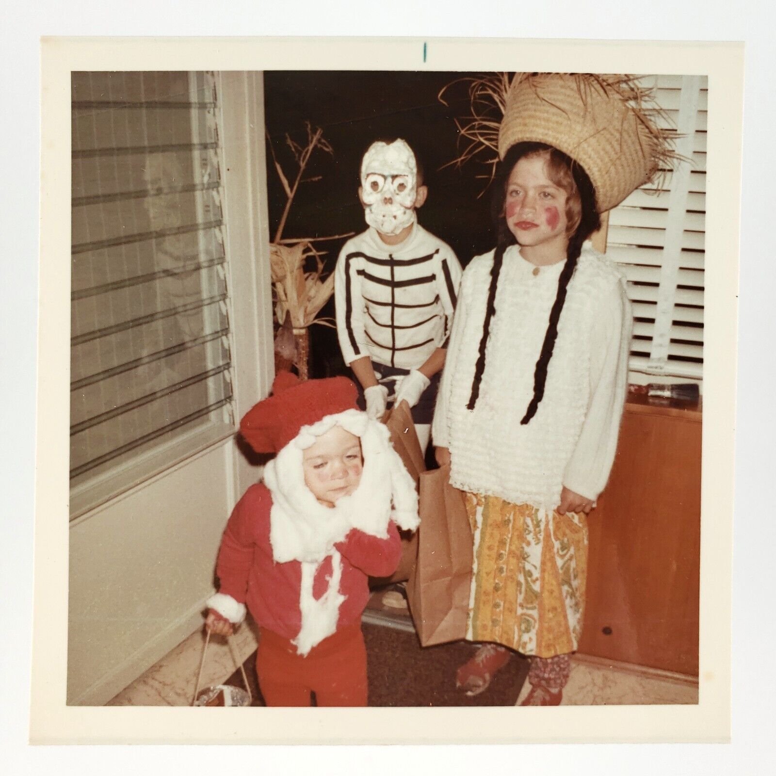 Little Boy Santa Claus Photo 1960s Halloween Costume Skeleton Mask Kids D1908