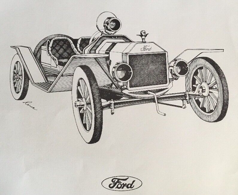 VTG 11x14 Lithograph Print Of 1910 Model T Ford 1976 T.R.I. Classics Signed Rowe