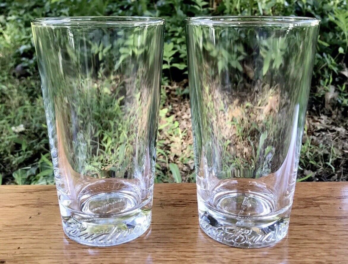 Pair of BUDWEISER King of Beers Embossed Heavy Clear Beer Glasses