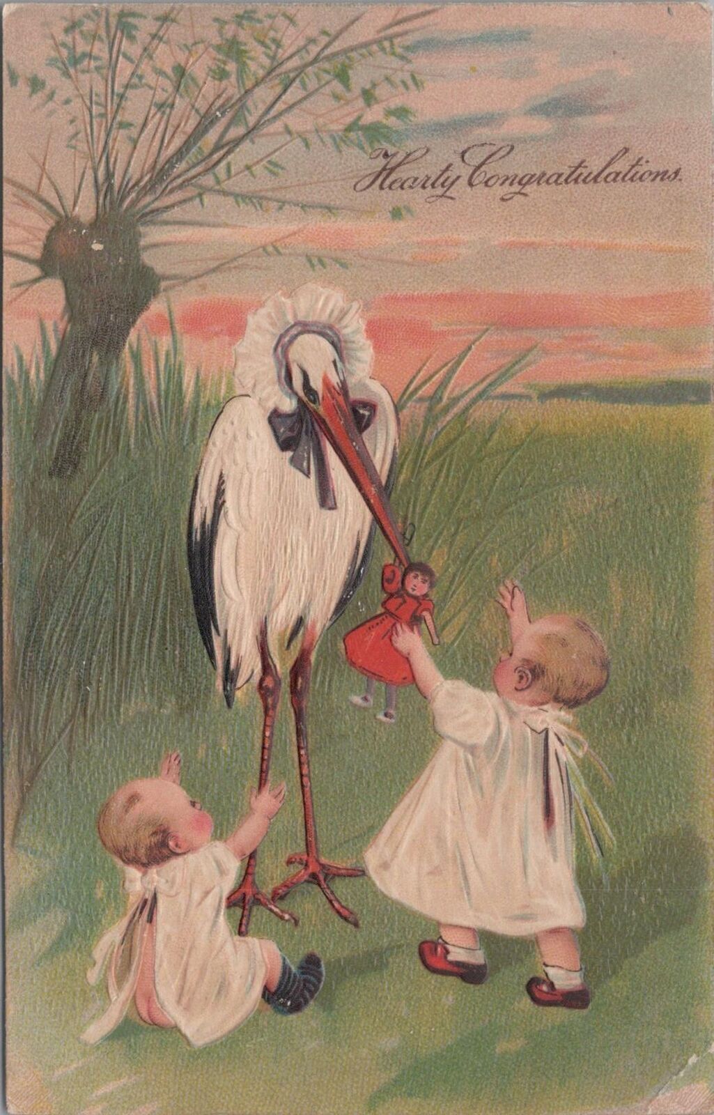 Postcard Hearty Congratulations Stork Bringing Doll to Kids