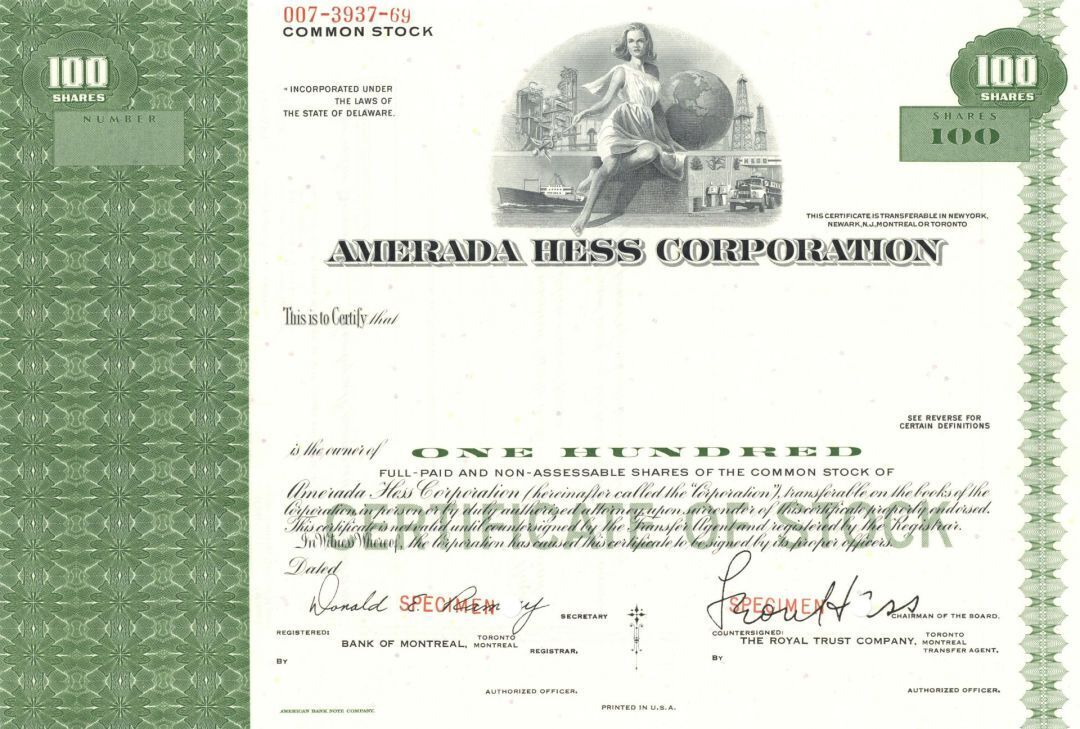 Amerada Hess Corporation - Specimen Stock Certificate - Now the Hess Corporation