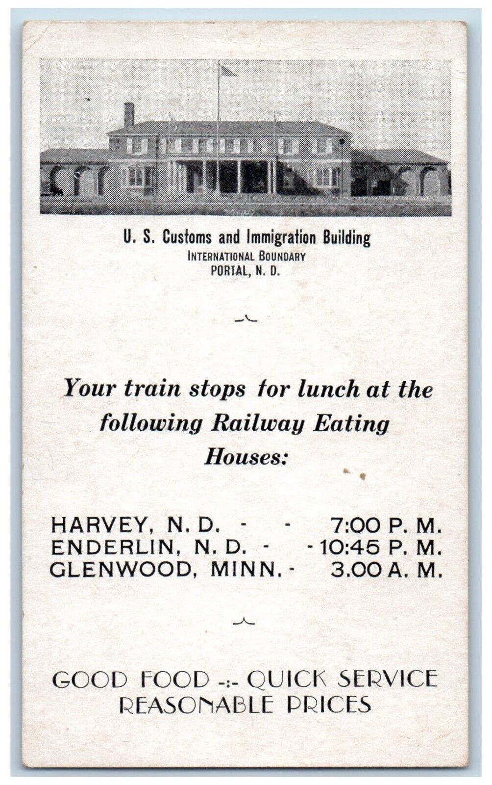 Portal ND Postcard US Customs Immigration Building Railroad Restaurant Menu