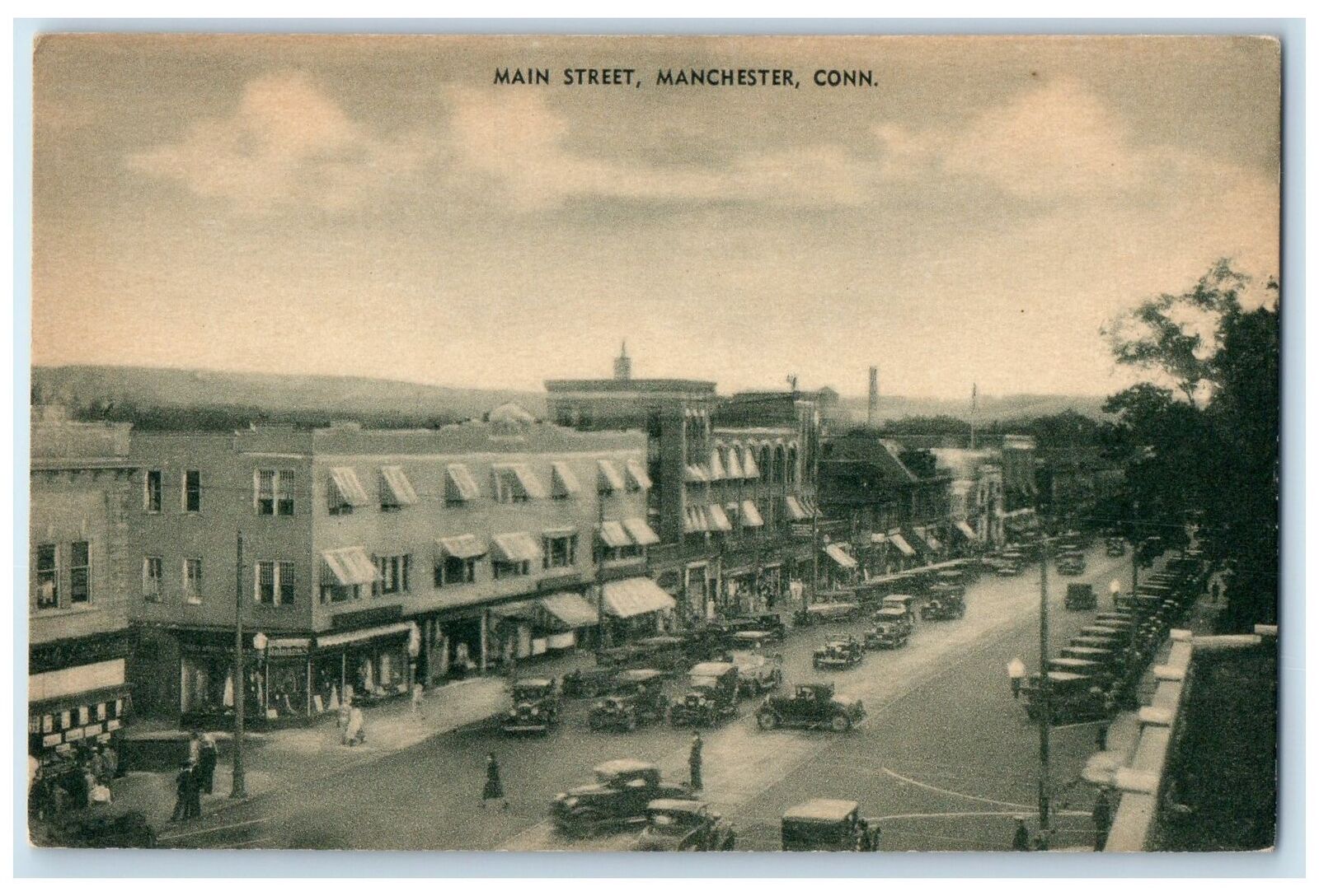 c1950 Main Street Downtown Classic Cars Building Manchester Connecticut Postcard