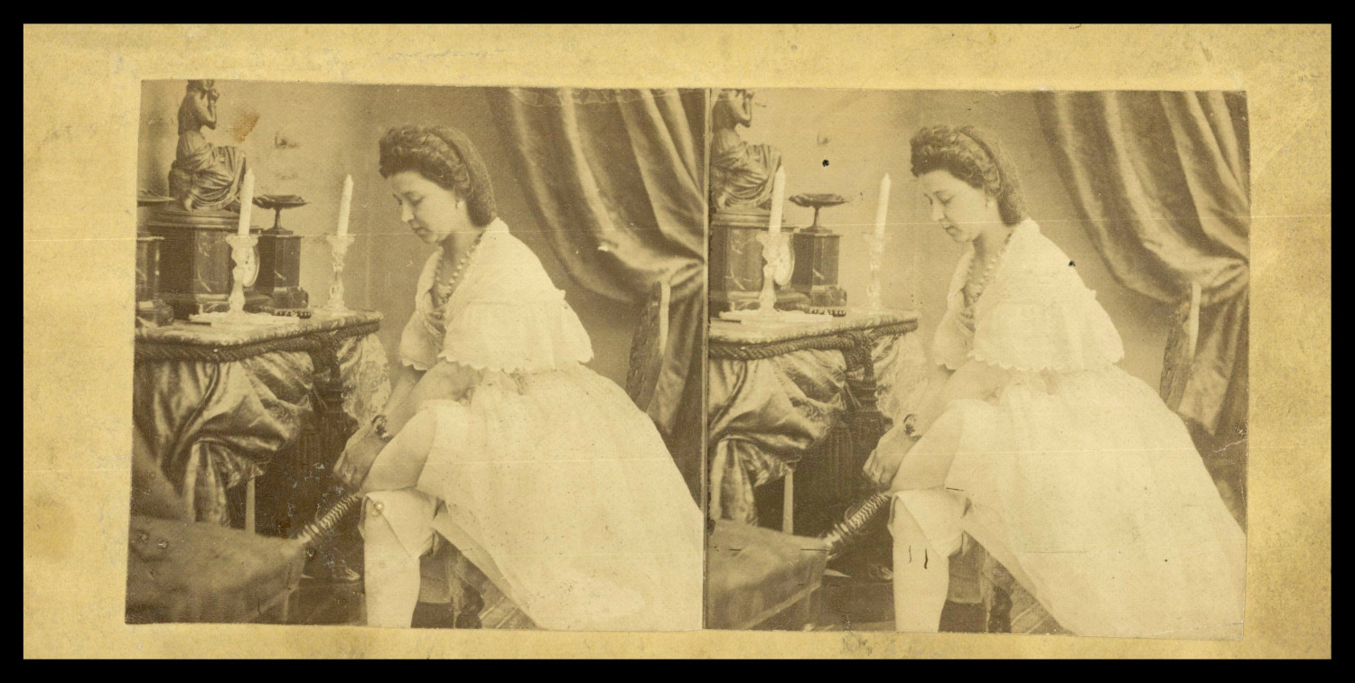 Woman tying her boot, ca.1870, stereo vintage stereo print, legend t