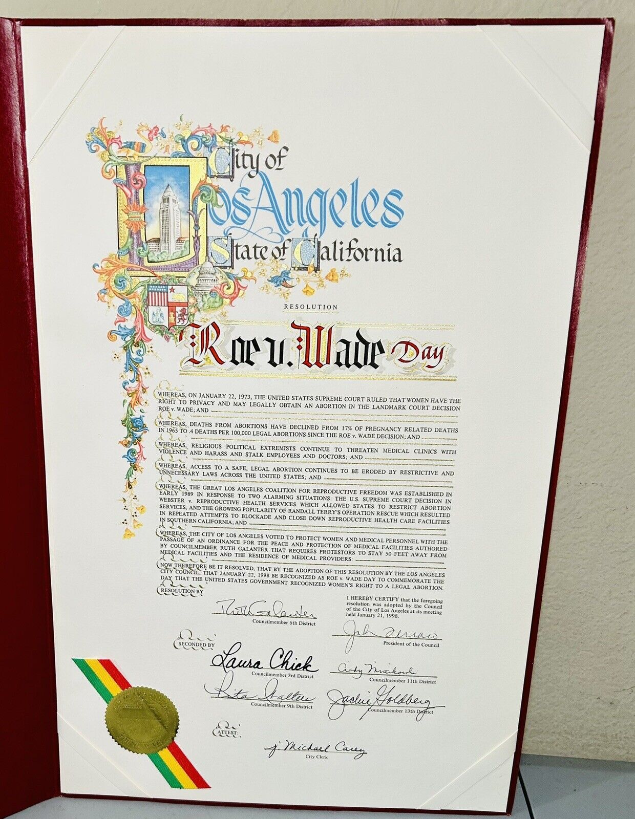1998 Los Angeles Resolution Authentic City Document ￼ROW v WADE Recognition Day