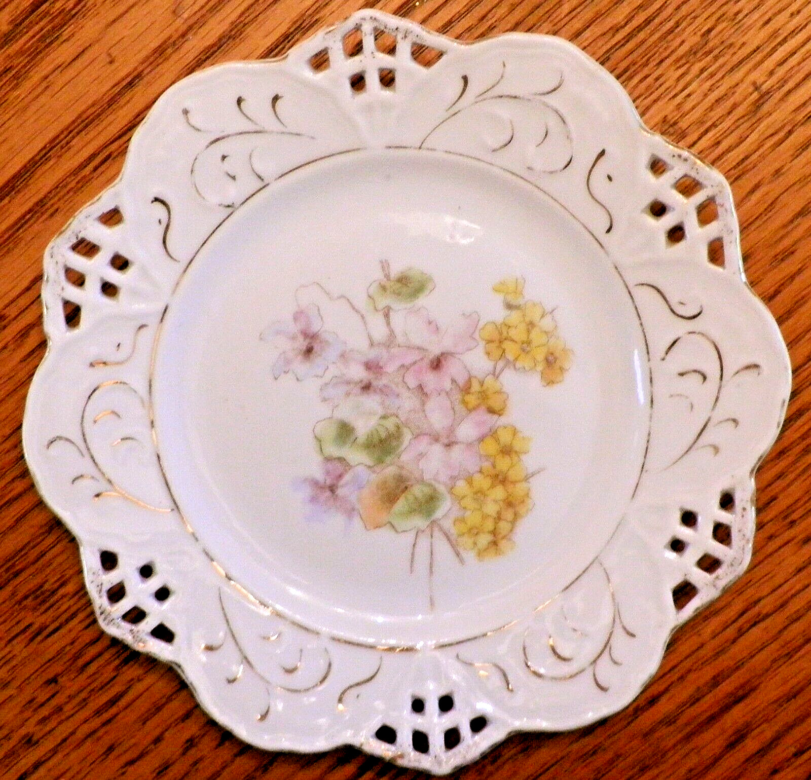 ANTIQUE Open Lace Edge Bread Collectible Plate Purple & Yellow Flowers 1800s