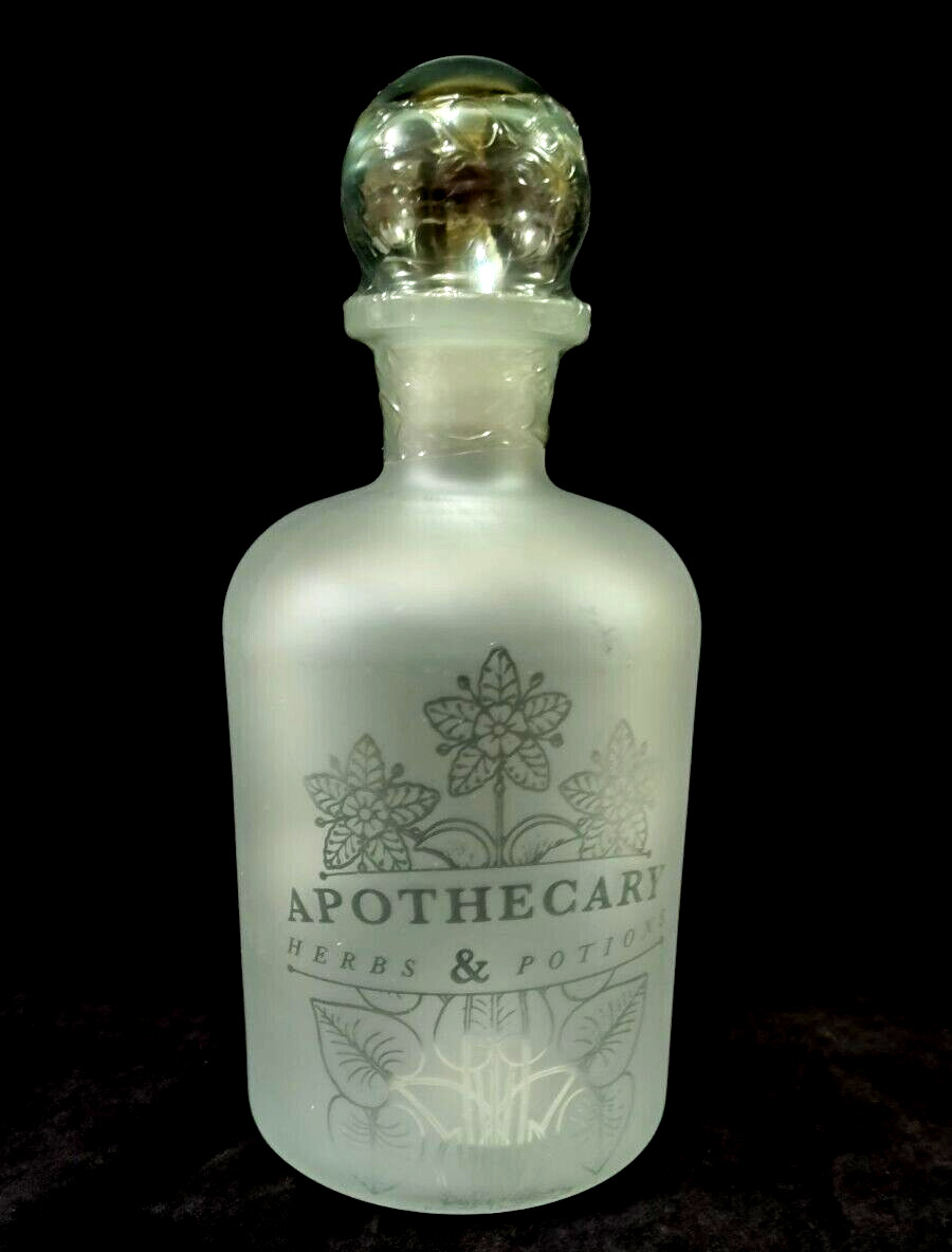 Frosted Glass Decanter 9 in Apothecary/Floral Etched Front  Clear Glass Stopper