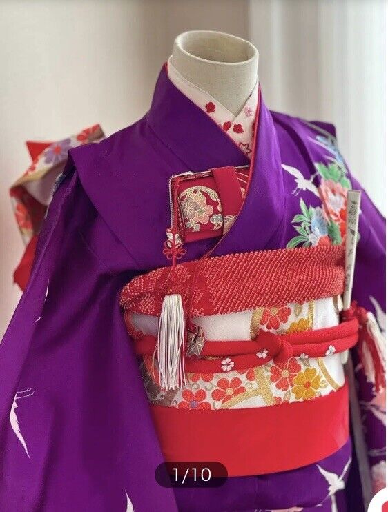 Japanese kimono  FURISODE,FUKURO OBI,obiage,obijime.shichigosan full set.purple.