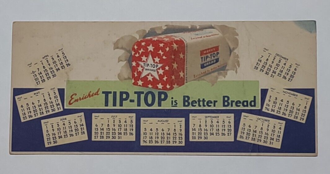 1947 Vintage Tip Top Bread 8 month Calendar Advertising kitchen restaurant decor