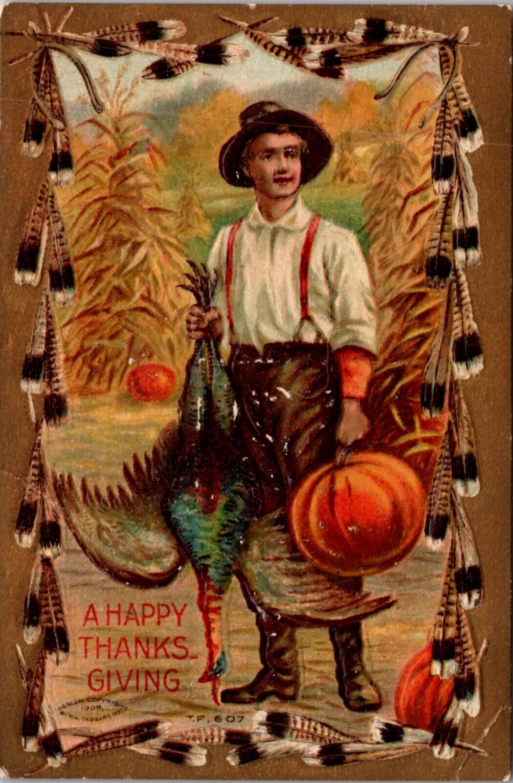 Thanksgiving Day Greetings Young Man Holding Turkey and Pumpkin Feather Border