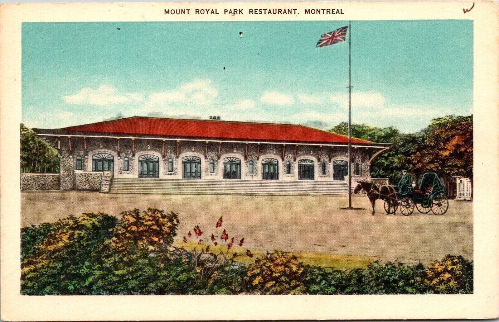 Mount Royal Park Restaurant Montreal Canada Flag Horse Carriage Postcard