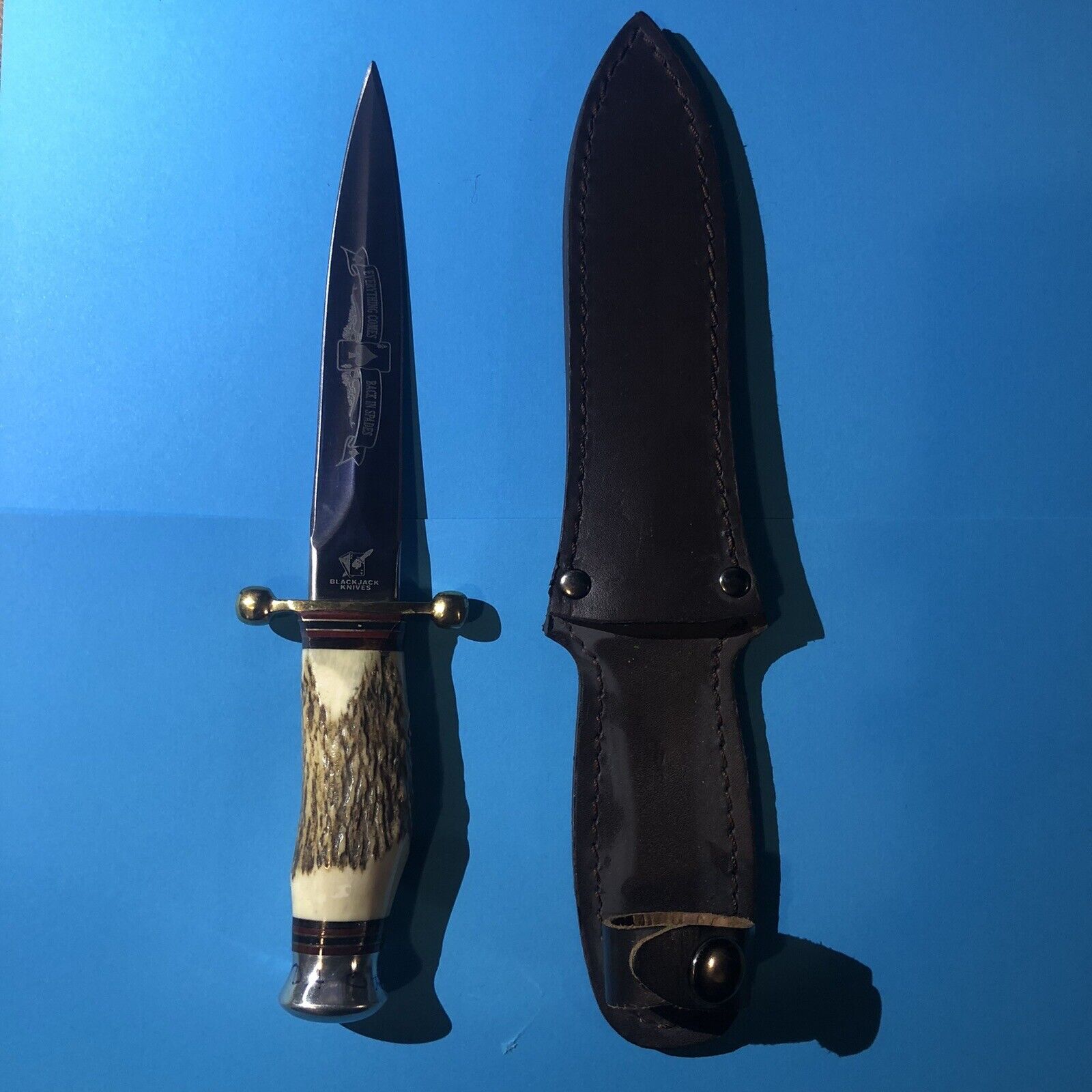Blackjack Knives Stiletto Knife W/ Stag Handle “Everything Comes Back In Spades”