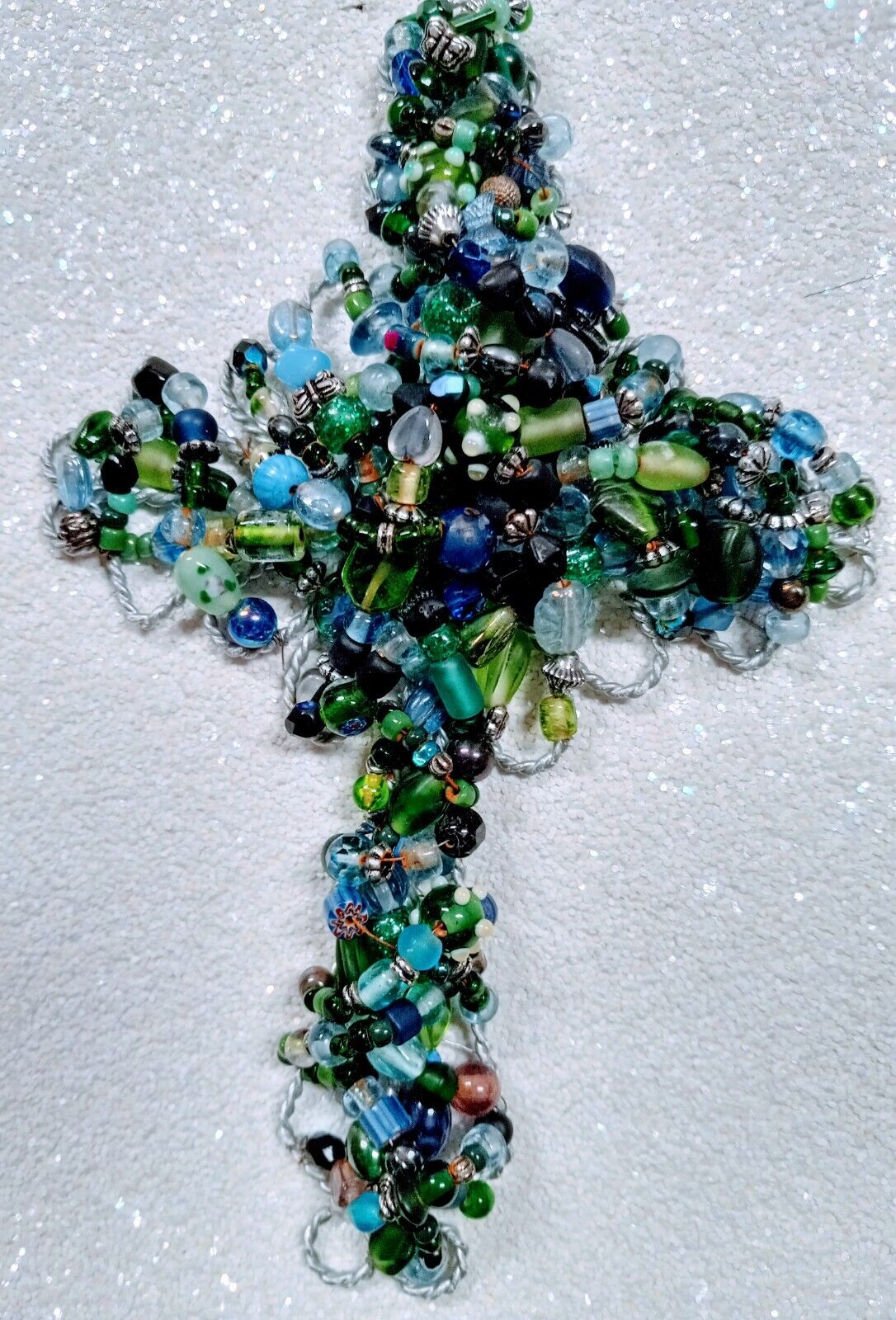 Handcrafted Blue Turquoise  Beaded & Stones Wall Art Cross  Twisted Wire Wrapped
