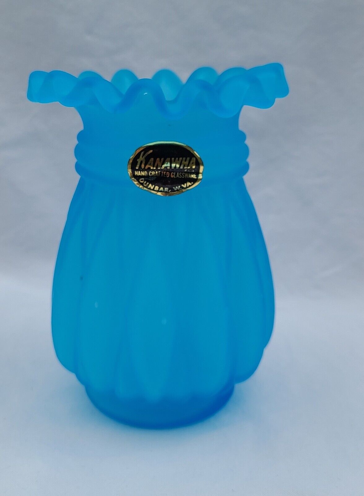 Vintage Kanawha Blue Satin Glass Ruffled Vase  Hand crafted    SEE VIDEO