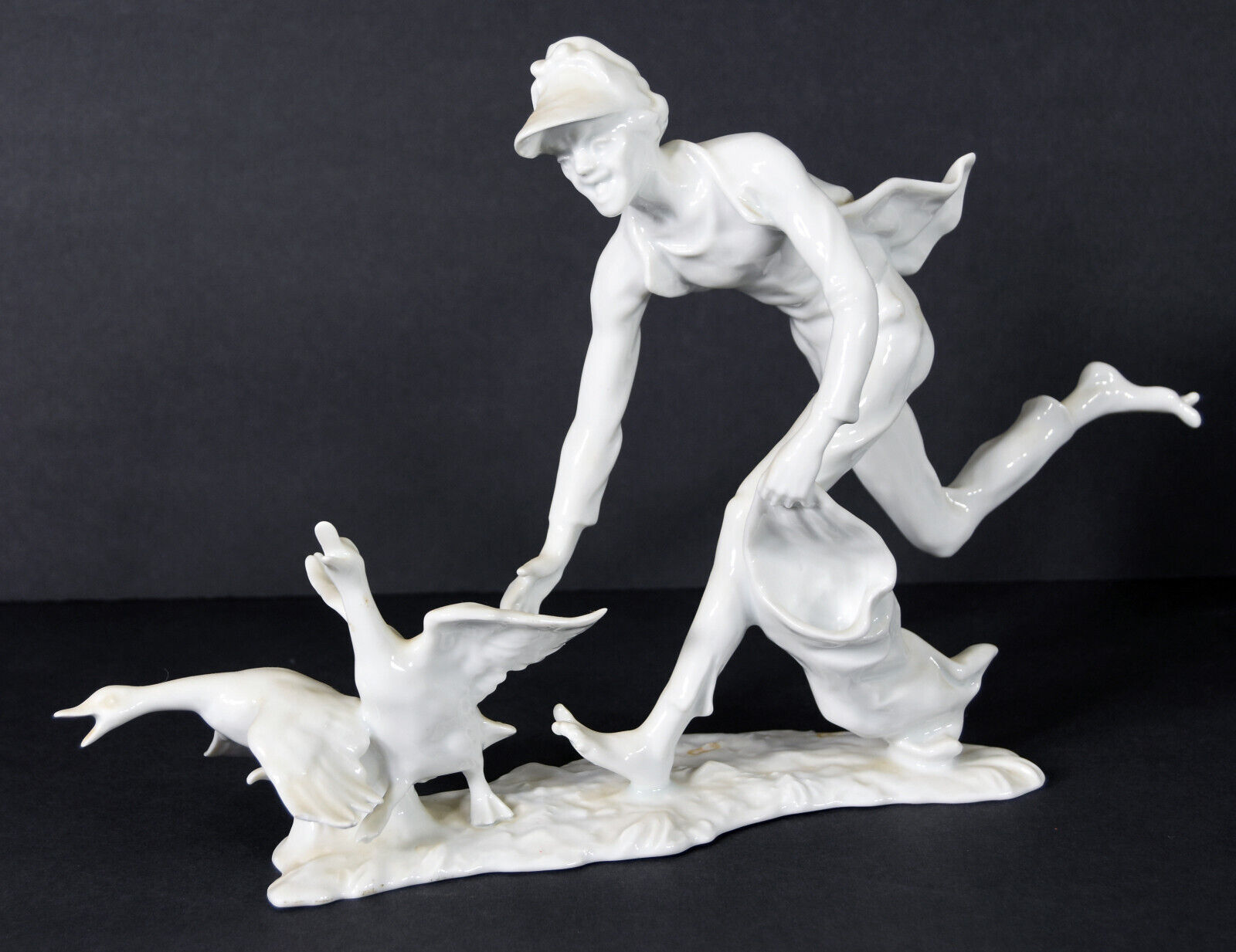 Vintage KAISER Bochmann West Germany Bisque Porcelain Geese Boy Statue Decor