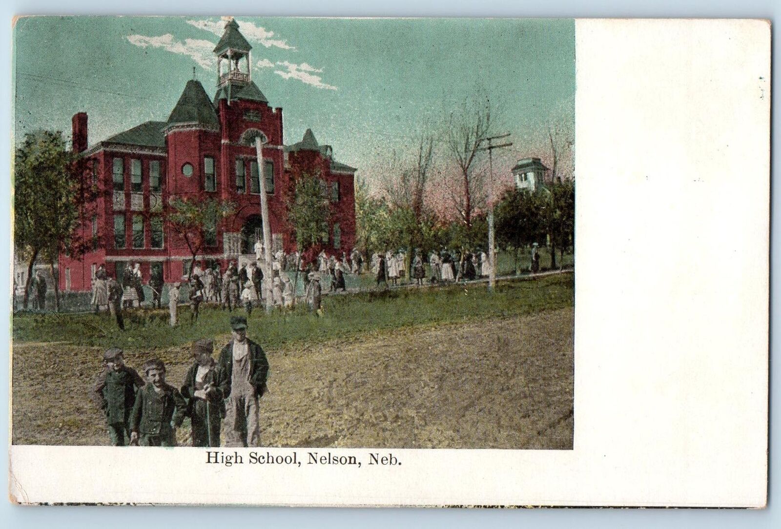 c1920's High School Campus Building Students Dirt Road Nelson Nebraska  Postcard