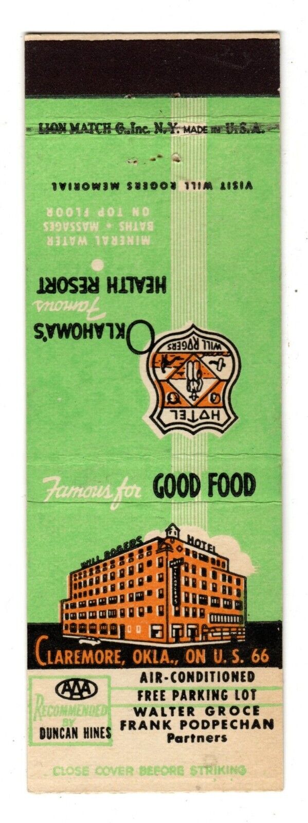 HOTEL WILL ROGERS matchbook matchcover - CLAREMORE, OKLAHOMA - ROUTE 66