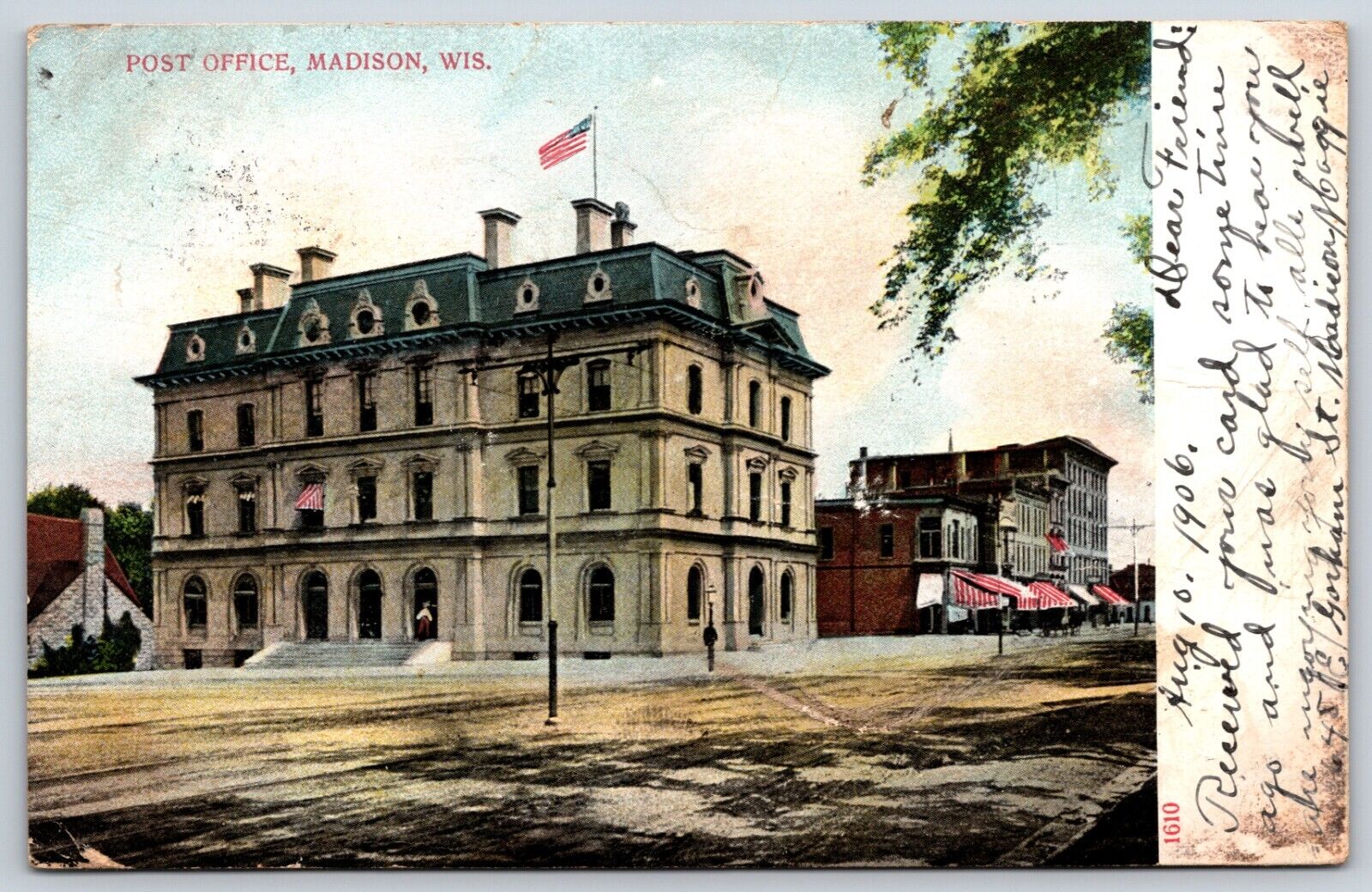 Postcard Post Office Madison Wisconsin Posted 1906