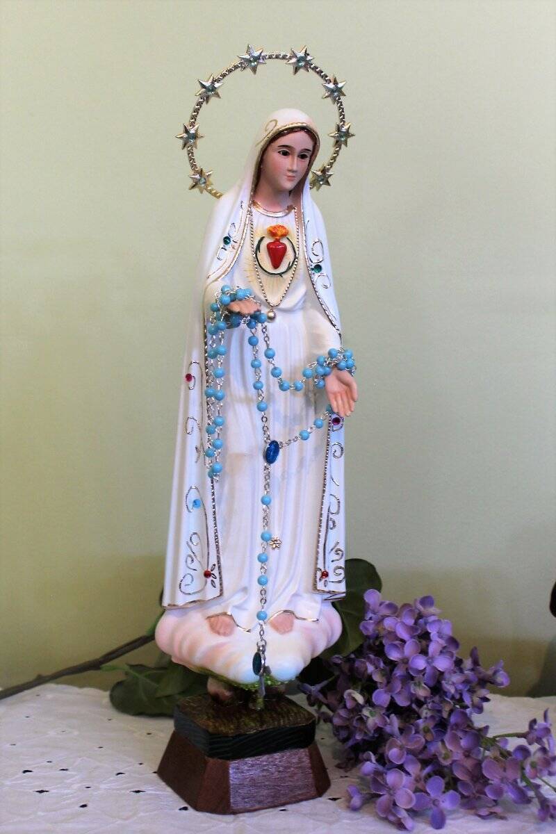 Mary Statue Our Lady Fatima Heart 15 inch Faux Jewels Halo Resin Indoor Outdoor