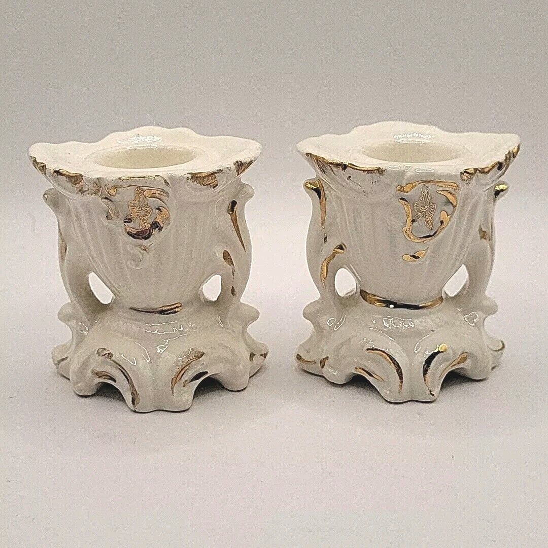 Vintage Royal Sealy Candle Stick Holders White And Gold