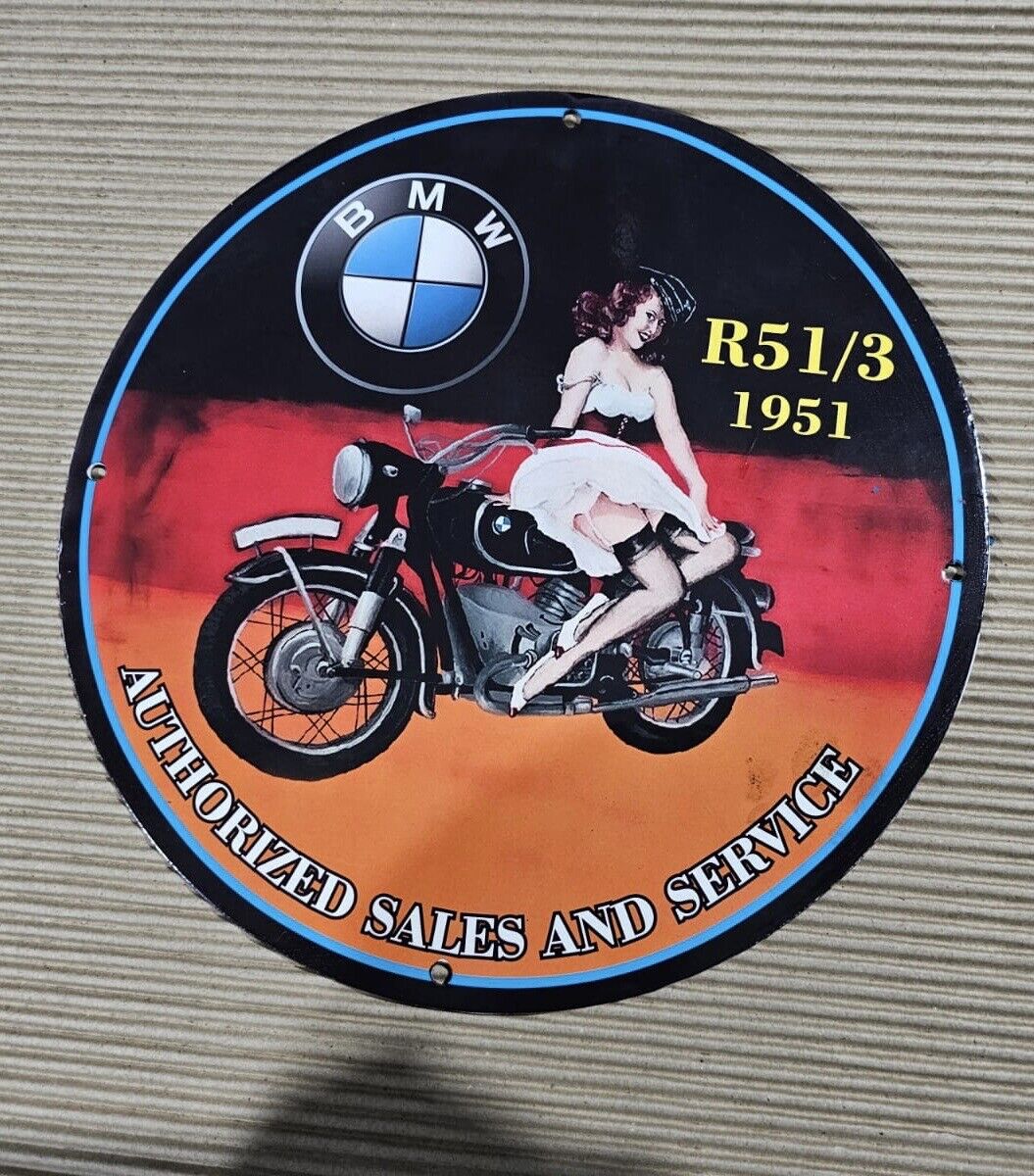 RARE BMW AUTHORIZED SALES & SERVICES PINUP GIRL PORCELAIN GAS OIL GARAGE AD SIGN