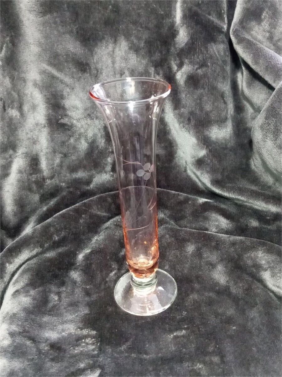 Depression Glass Vase Pink Hand Etched Leaf Pattern Delicate Hand Blown Glass 8”