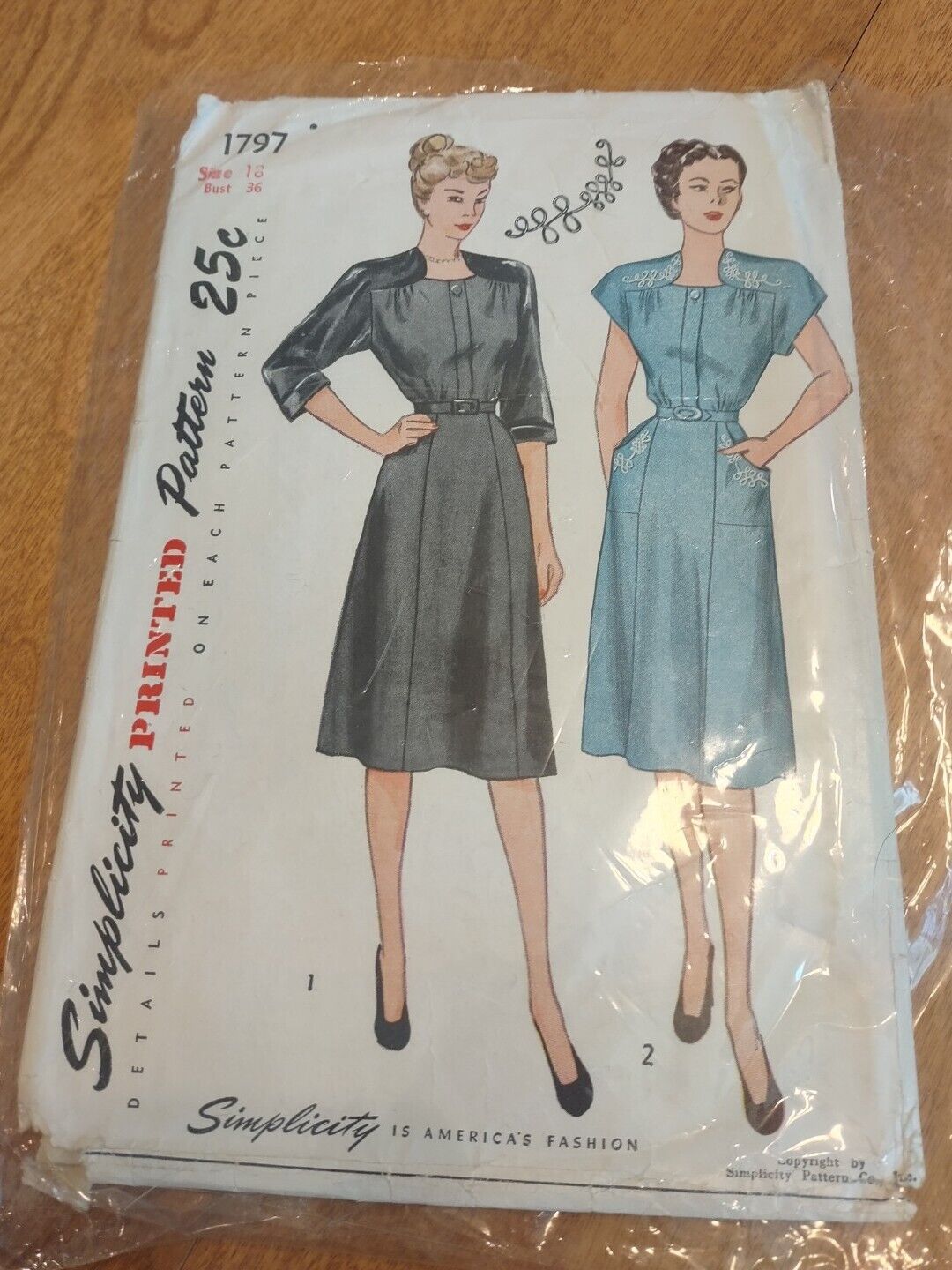 1940-50s Vintage Simplicity Sewing Pattern 1797 One Piece Dress Sz 18 Bust 36
