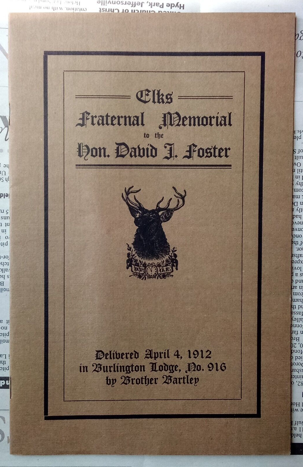 1912 - Elks Fraternal Memorial - Hon David J Foster - Burlington, Vermont