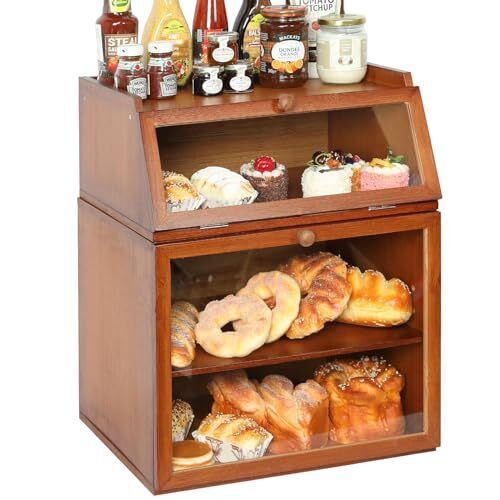 3-Tier Large Double Separable Bamboo Bread Box Storage with Clear Window and ...