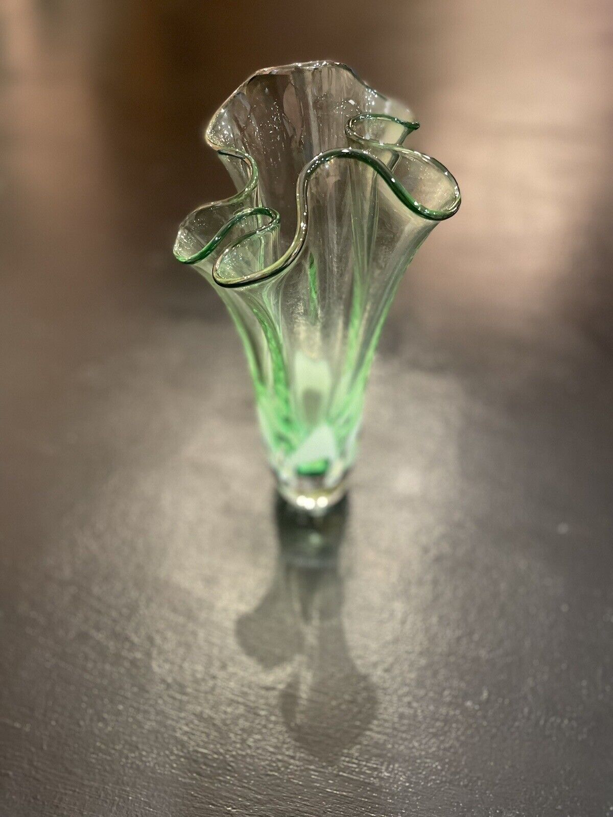 Vintage Signed Adam Jablonski Green “Unique Crystal” Glass Swung Edge Vase 9”