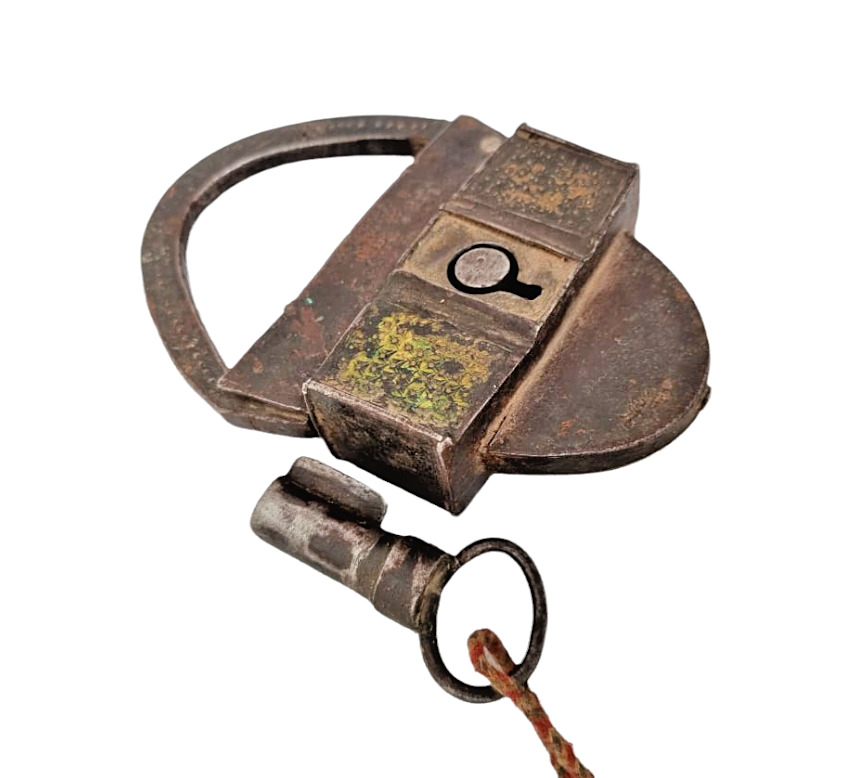 Rare 1850's Old Antique Iron Brass Unique Shape Engraved Big Heavy Lock & Key