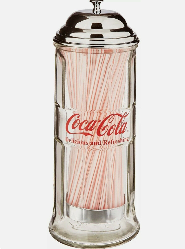 Tablecraft CC322 Coca-Cola Glass Straw Dispenser with Metal Lid, Small