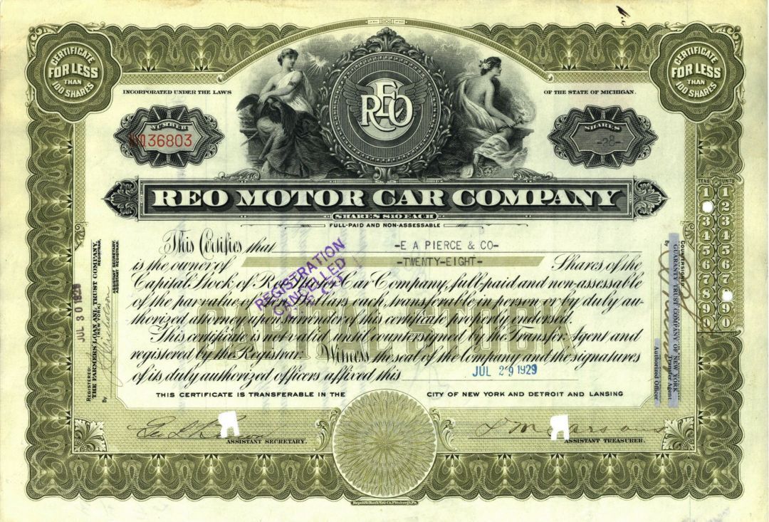Reo Motor Car Co. - 1910-30\'s dated Automotive Stock Certificate - Famous Car Ma