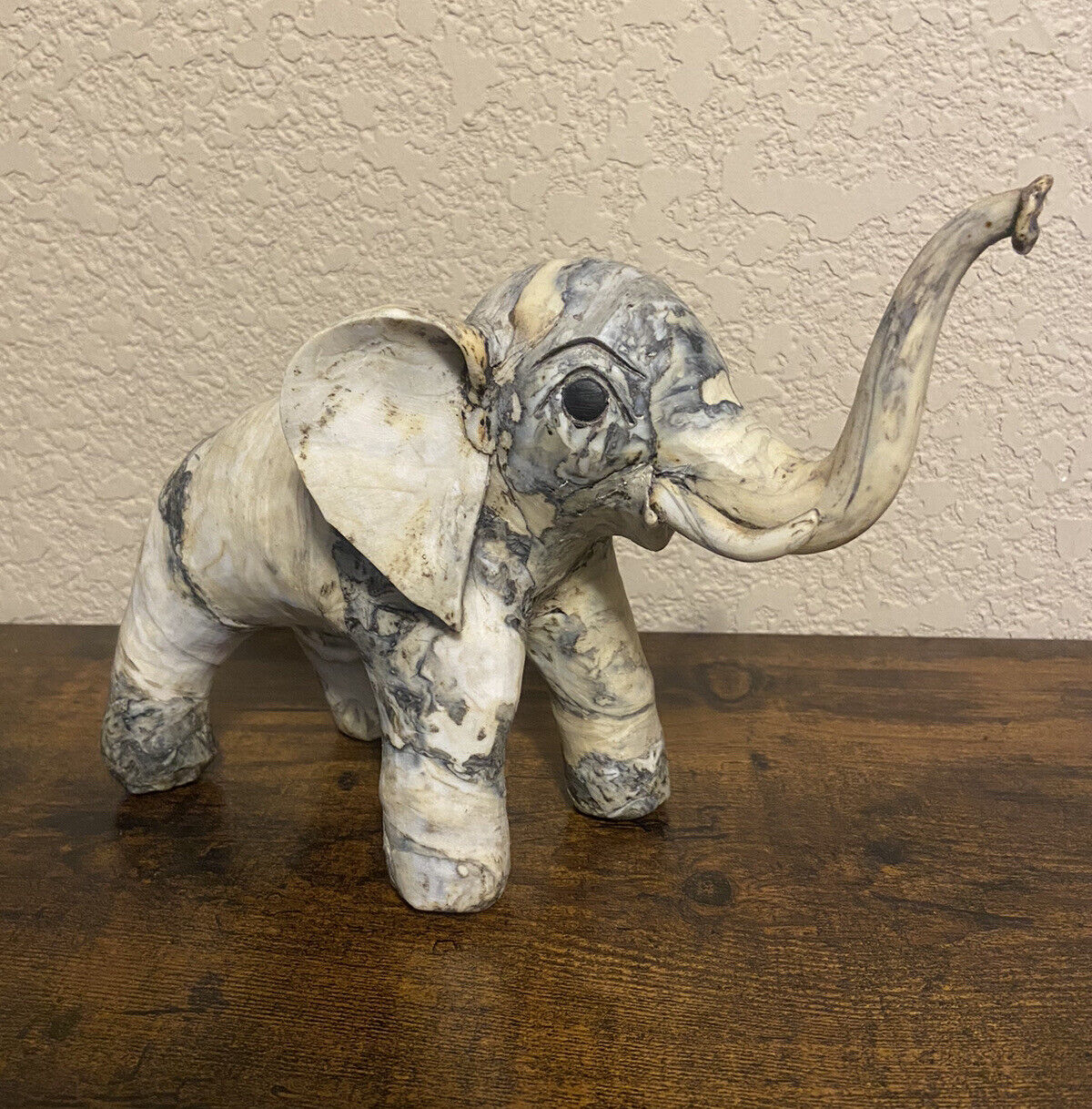 Vintage Crushed Oyster Shell Wrapped Elephant Figurine Trunk up Unique