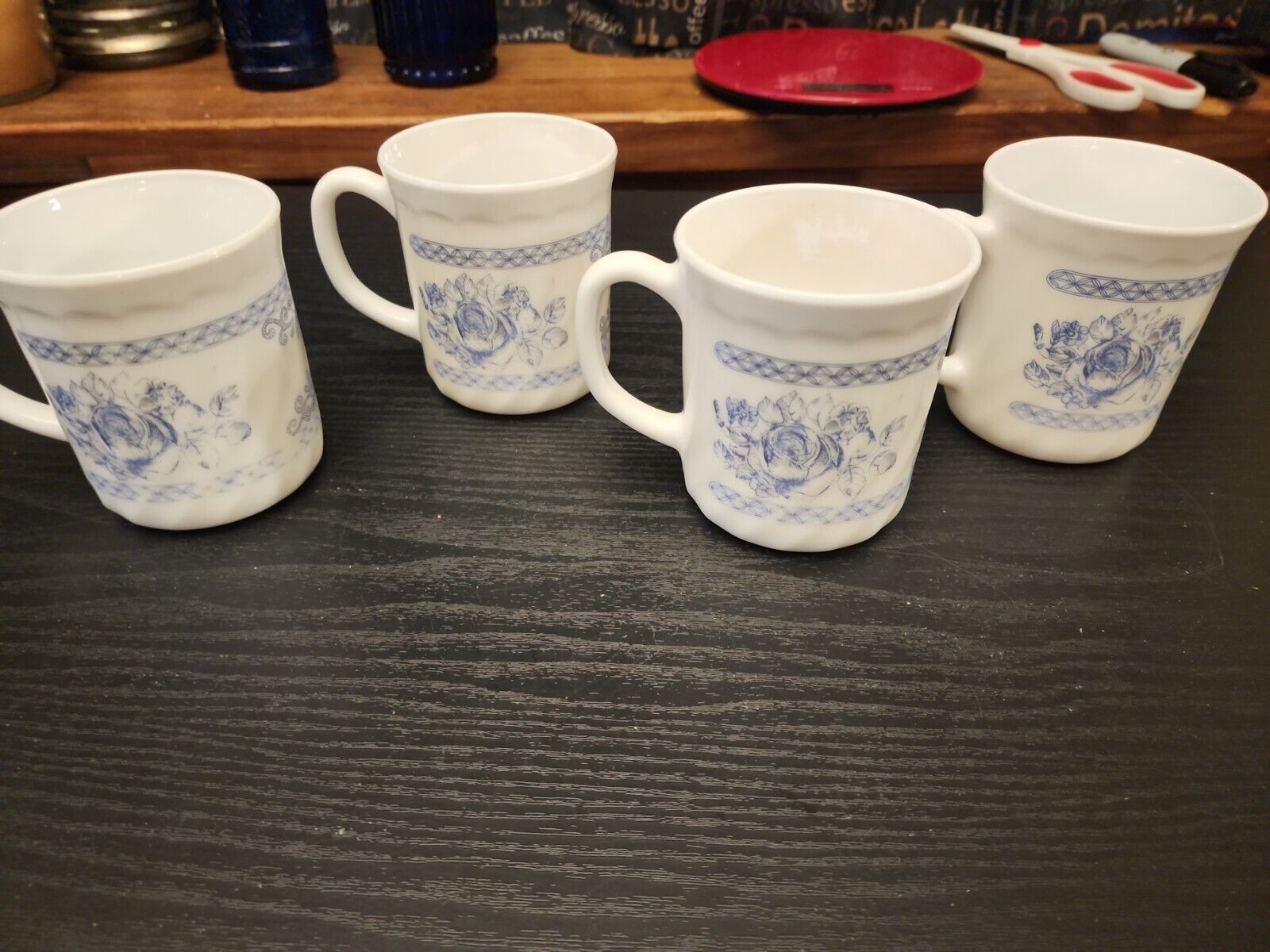 Vintage Arcopal Honorine Mugs White with Blue Floral French Country Set of 4 (3)