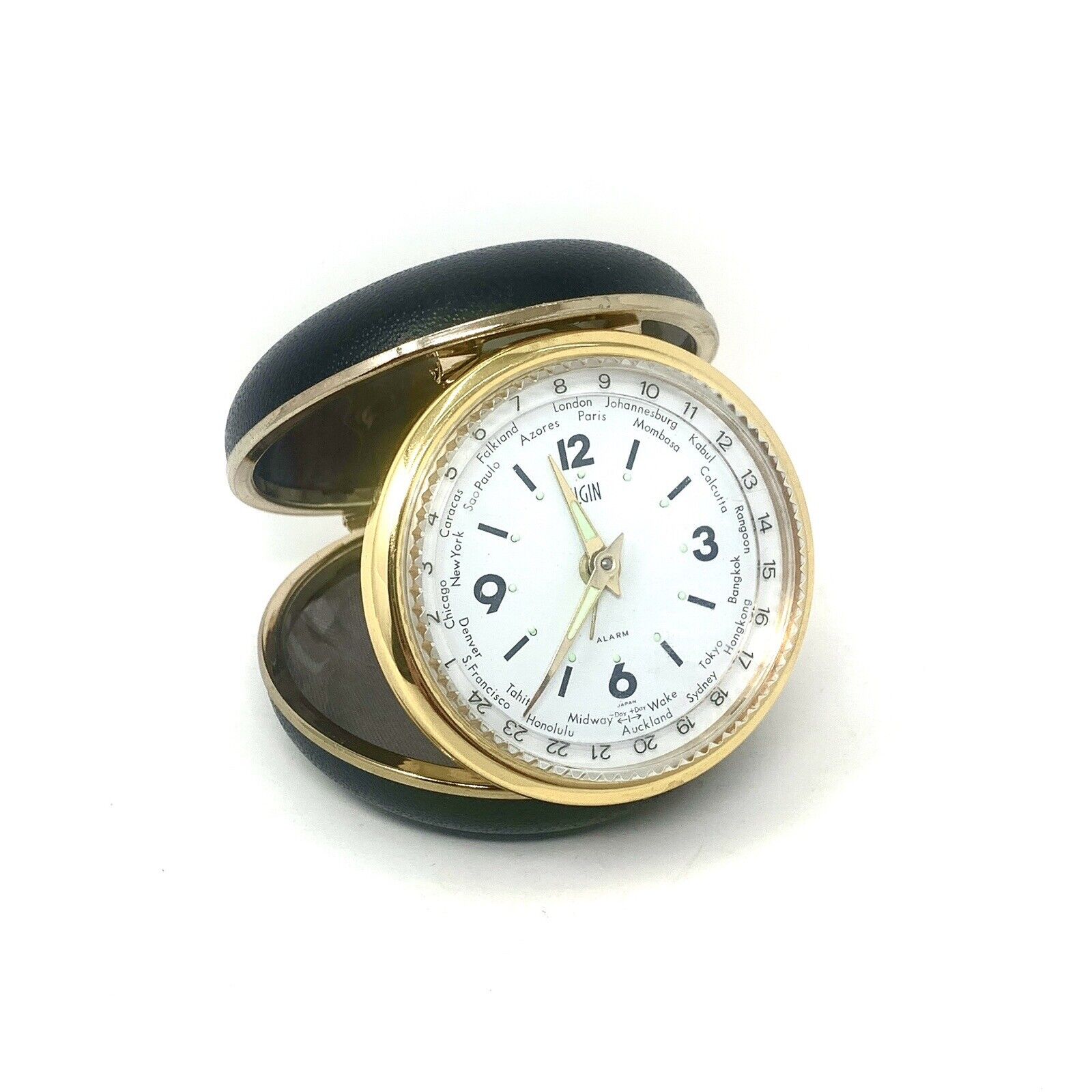 Elgin World Time Travel Clock Clam Shell Case - Glowing Hands/Numbers Japan Made