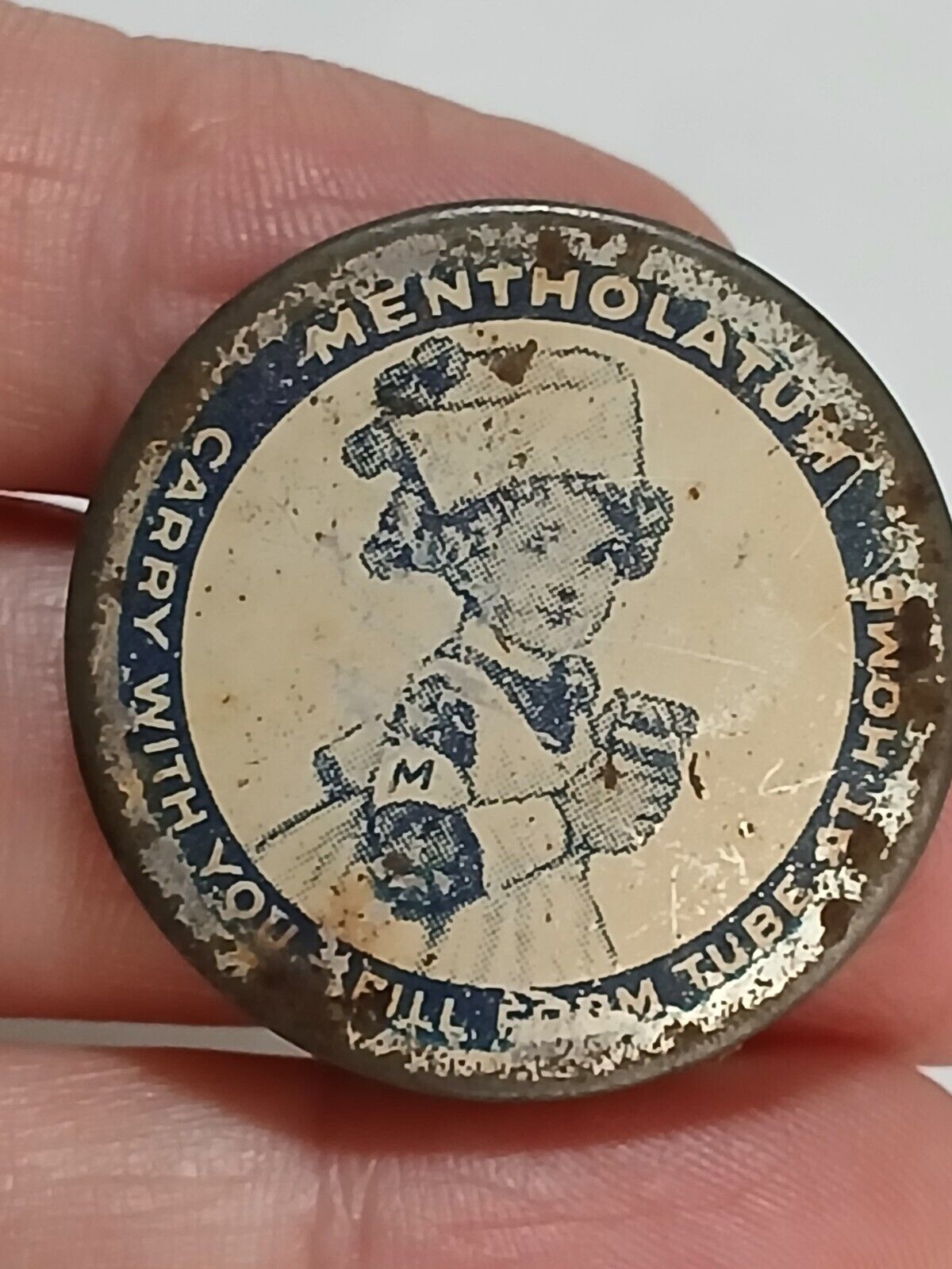 Vintage Mentholatum Little Nurse Sample Blue Litho Graphics Tin Carry With You