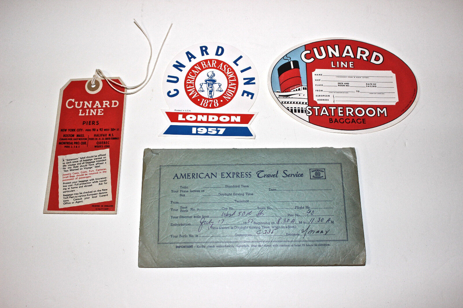 Cunard Line labels tag and American Express travel packet  vintage