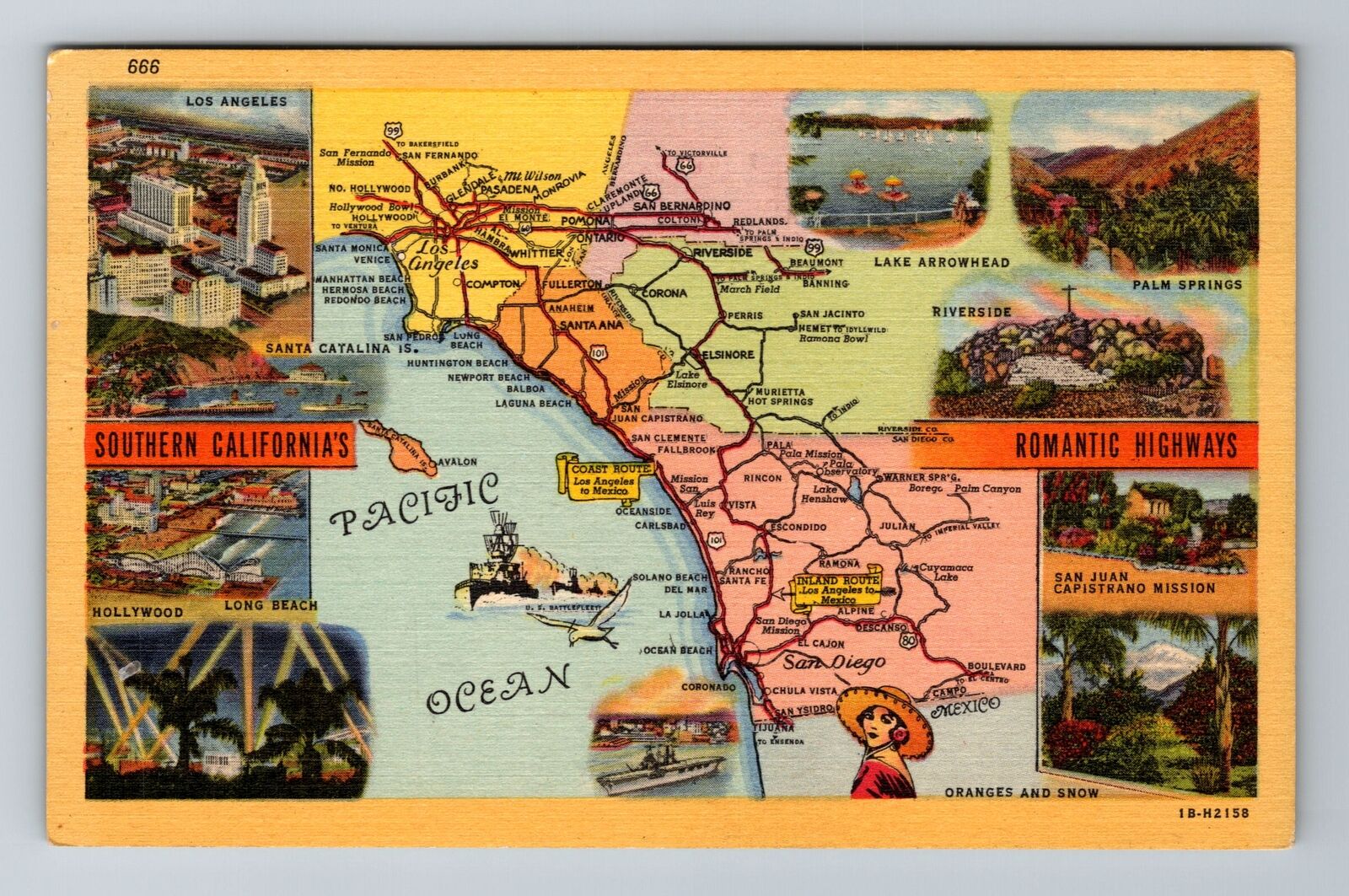 Southern California's Romantic Highways Map, Vintage Postcard