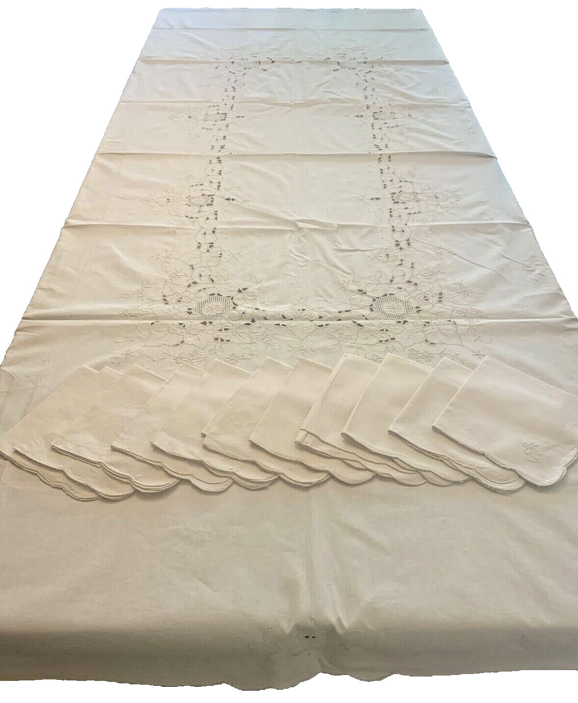 Banquet Tablecloth 11 Napkins Embroidered Cream Ivory Linen 68x100 Gorgeous