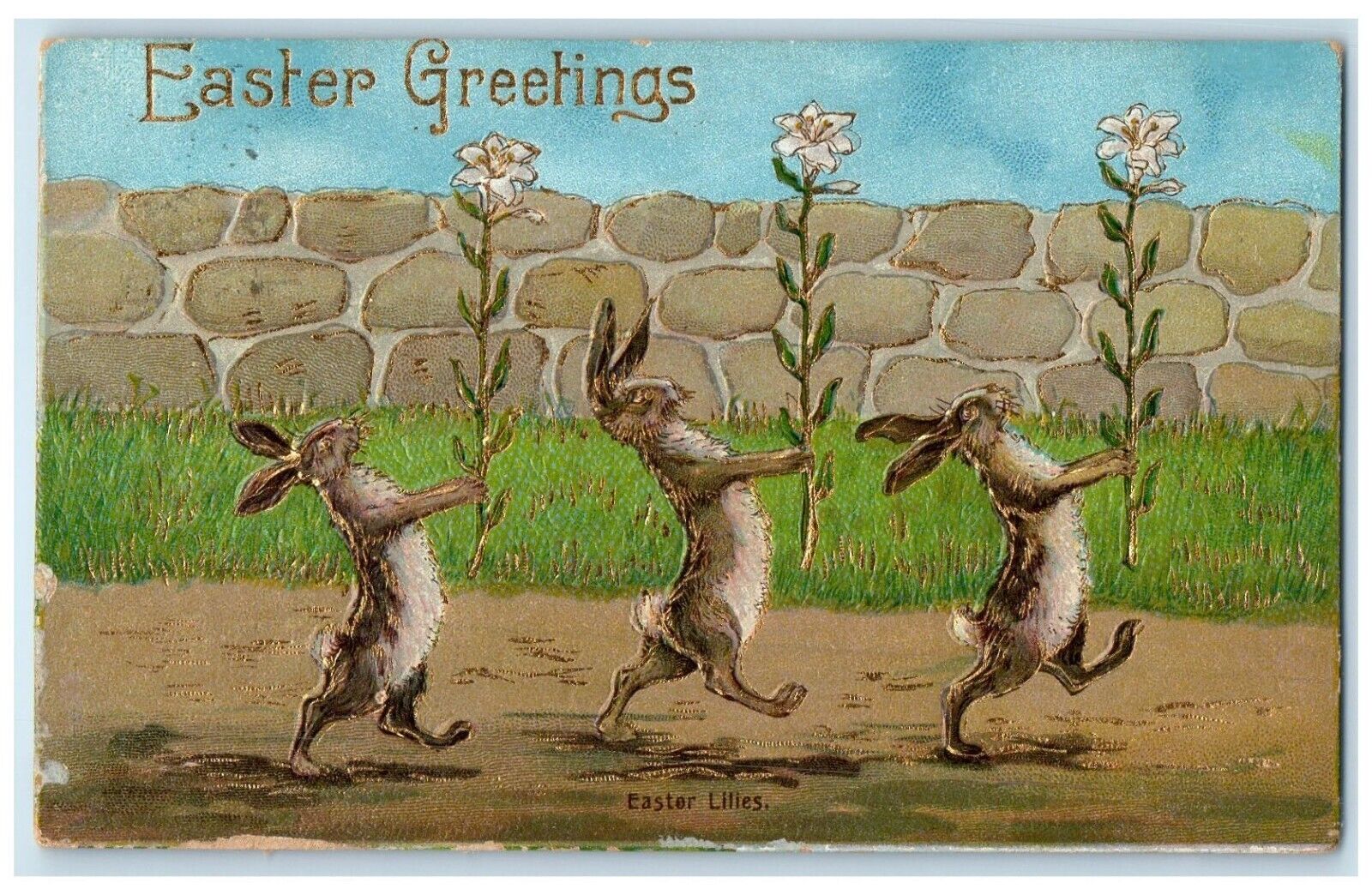 c1910's Easter Greetings Anthropomorphic Rabbit Holding Lilies Flowers Postcard