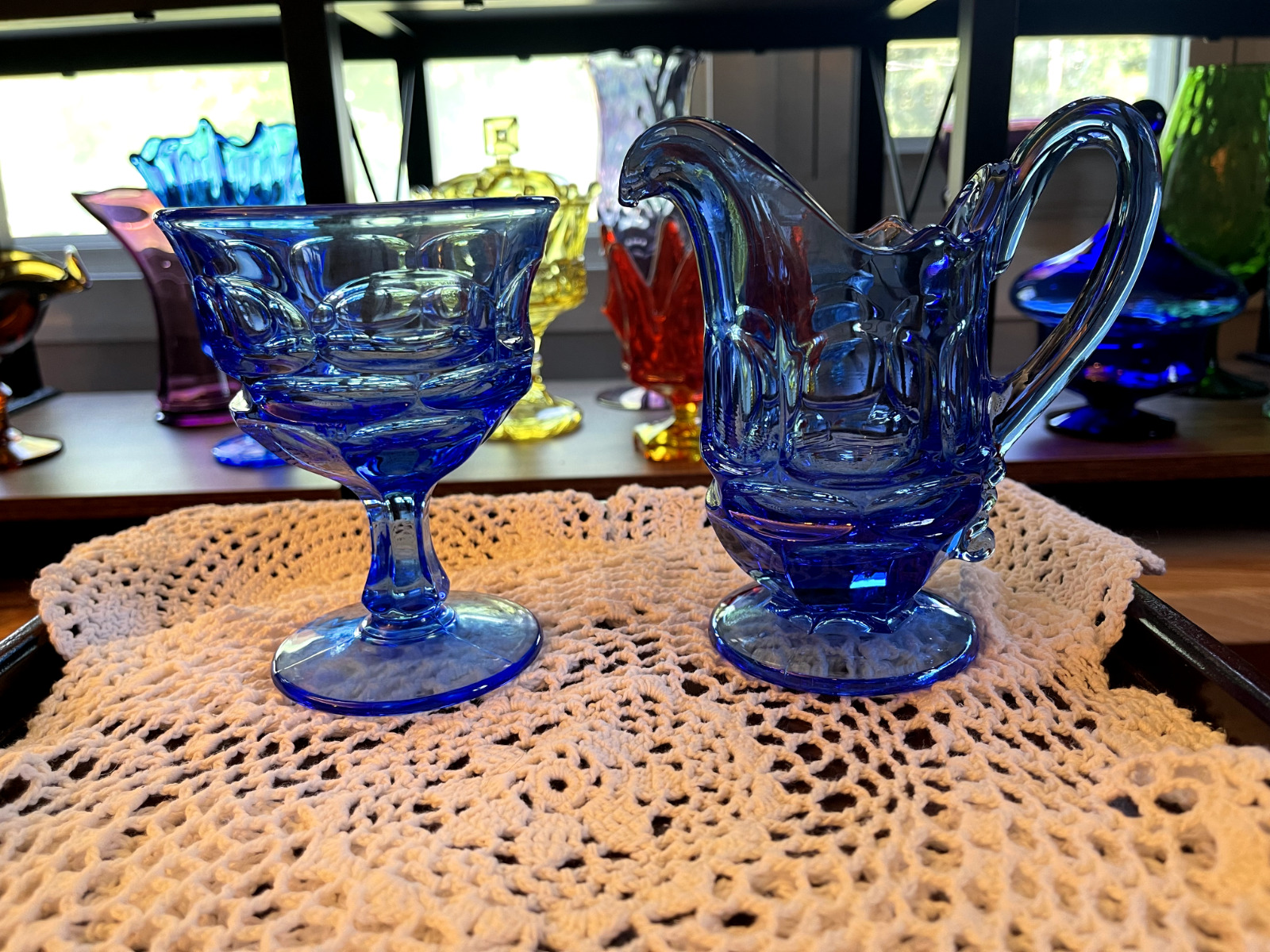 Vintage Fostoria Argus Blue Henry Ford Water Goblet and Creamer #50