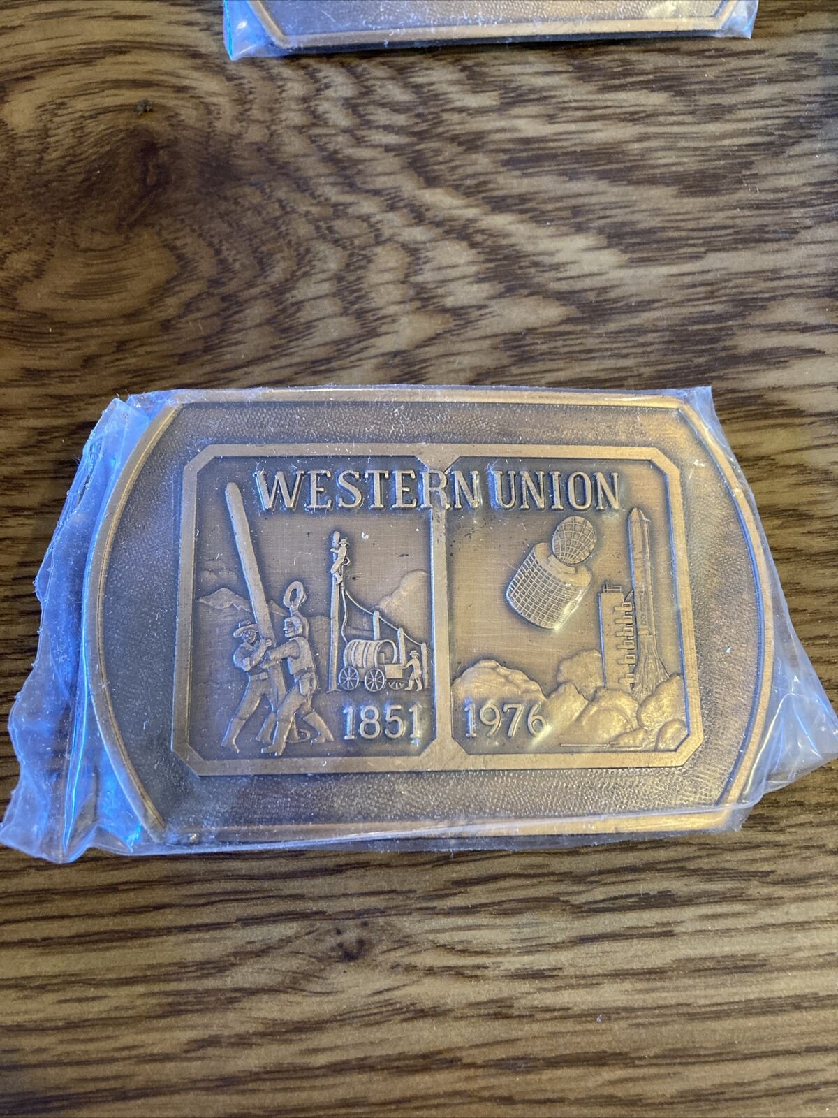 Vintage 1851-1976 Western Union Anniversary Belt Buckle, Brass NEW NOS