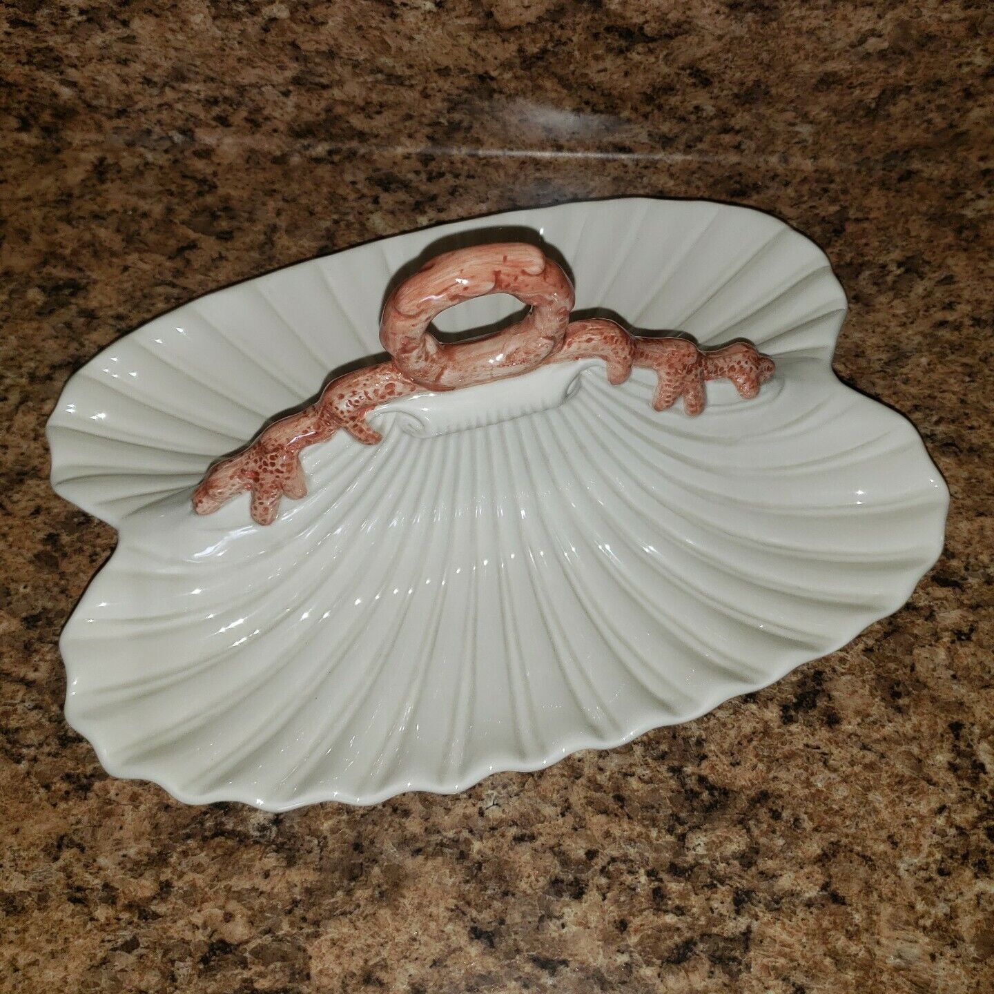 Vtg Fitz & Floyd Divided Ceramic Porcelain Dual Clam Shell Serving Candy Dish